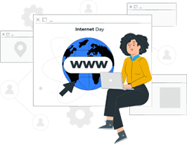 An illustration of a woman using search engine and with a word www