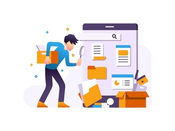 An illustrations of a man using magnifying glass and a windows icon