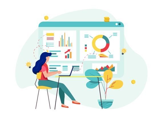 An illustrations of a woman using laptop while checking the graph icon