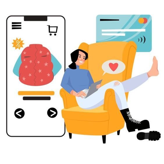 An illustration of a woman sitting on the couch while holding laptop and a card